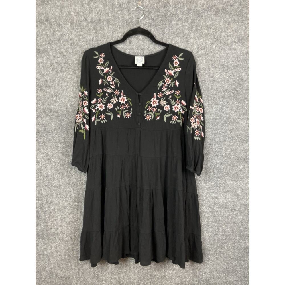 Blue Rain Mini Dress Size Medium Black Purple Pink Floral Embroidery